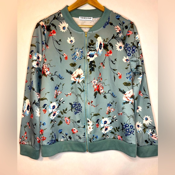 Wish Jackets & Blazers - EcoWish Green Floral Bomber Jacket with Ribbed Cuffs Women’s Size M